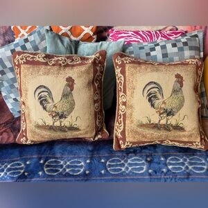 Vintage French Aubusson Decorative Feather Down Throw Pillows Farmhouse Rooster